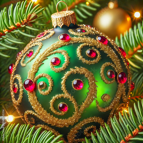 Green Christmas ornament adorned with gold glitter swirls and red gemstones hanging on a tree branch. photo