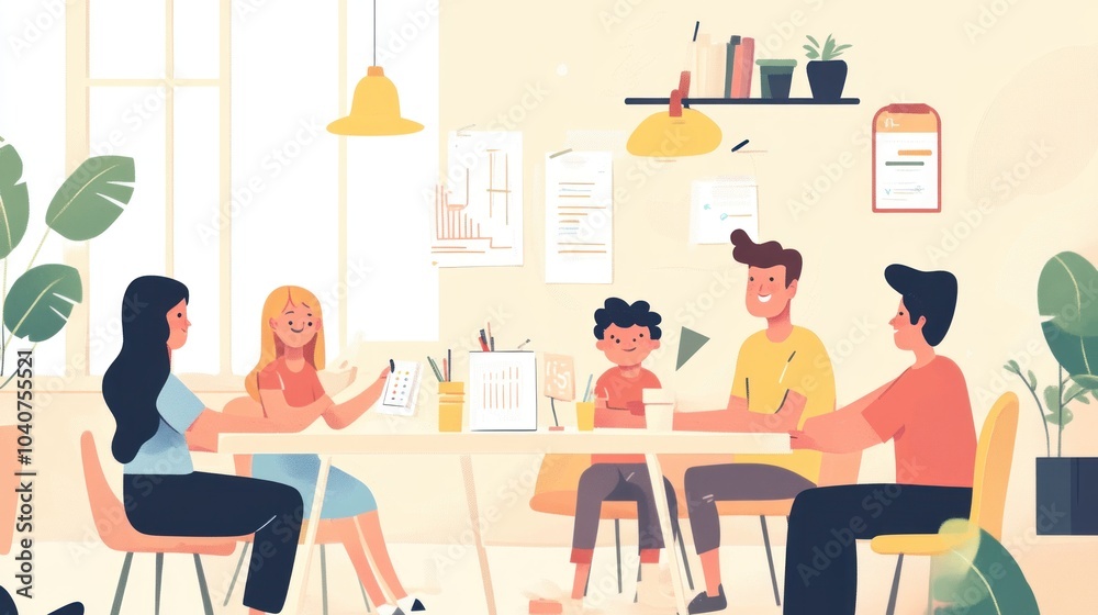 A group of four people are sitting around a table in a meeting, discussing ideas and brainstorming solutions. A group of four people are sitting around a table in a meeting, discussing ideas and brainstorming solutions.