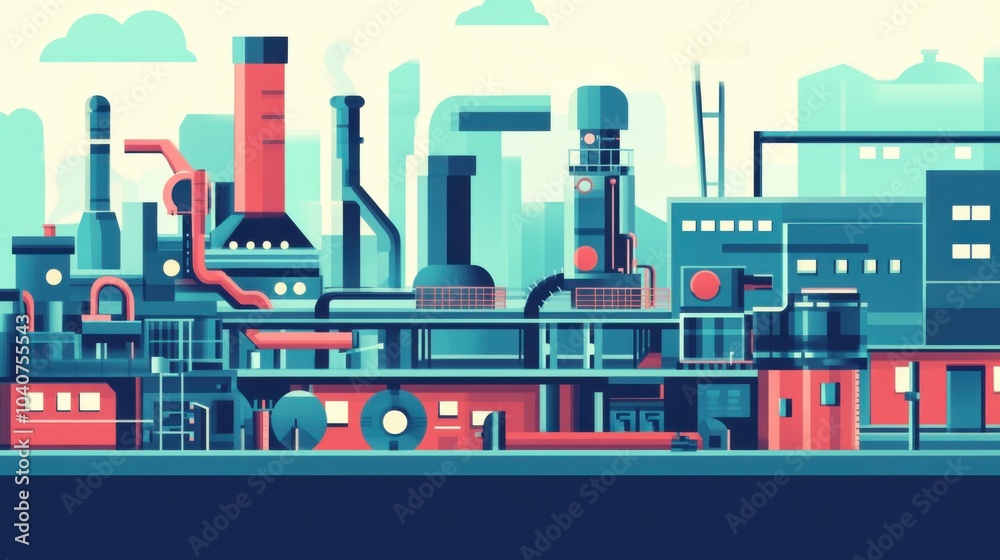 Obraz premium A colorful industrial landscape with various factories and pipes.
