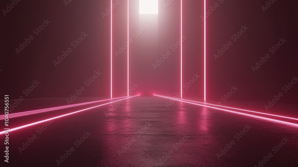 Fototapeta premium A futuristic corridor illuminated by pink neon lights leading to a bright square.