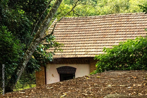 Casa, telhado, pedra e árvore.  photo