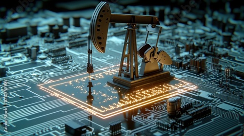 Futuristic fusion of oil extraction and digital technology - pumpjack on circuit board symbolizes traditional meets modern energy. 