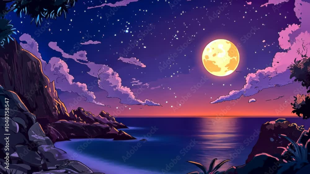 A serene moonlit beach scene with vibrant colors and starry sky. A serene moonlit beach scene with vibrant colors and starry sky.