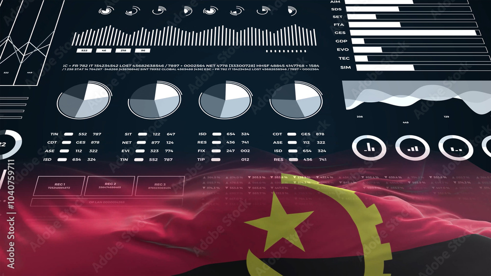 Angola flag - Waving flag on report analytics data statement Angola flag - Waving flag on report analytics data statement