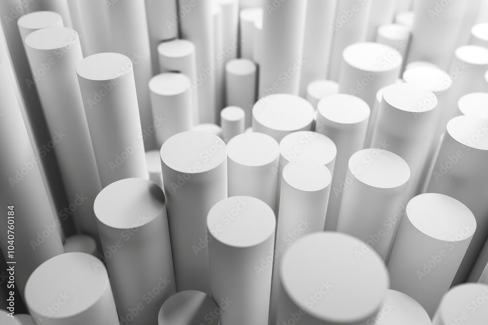 A collection of white cylindrical shapes arranged in a dynamic, abstract composition. A collection of white cylindrical shapes arranged in a dynamic, abstract composition.