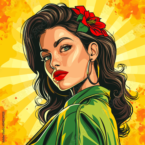 A woman with a red flower in her hair is the main subject of the image. The woman is wearing a green jacket and has a red lipstick on. The image has a bright and cheerful mood