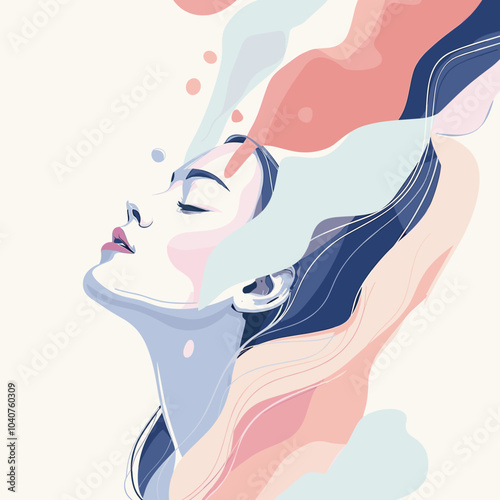 A woman with long hair is shown in a painting with a blue and pink background. The painting is of a woman with a relaxed expression, and the colors of the background suggest a sense of calmness