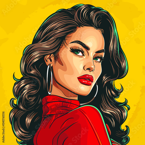 A woman with long hair and red clothing is the main focus of the image. The woman is wearing a red shirt and a red jacket. She is also wearing a pair of hoop earrings