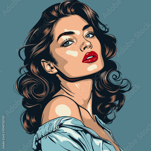 A woman with red lipstick and long brown hair is the main subject of the image. The woman is wearing a blue shirt and is posing for the camera. The image has a vintage feel to it