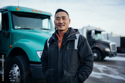 Portrait of a middle aged male truck driver in front of truck during winter