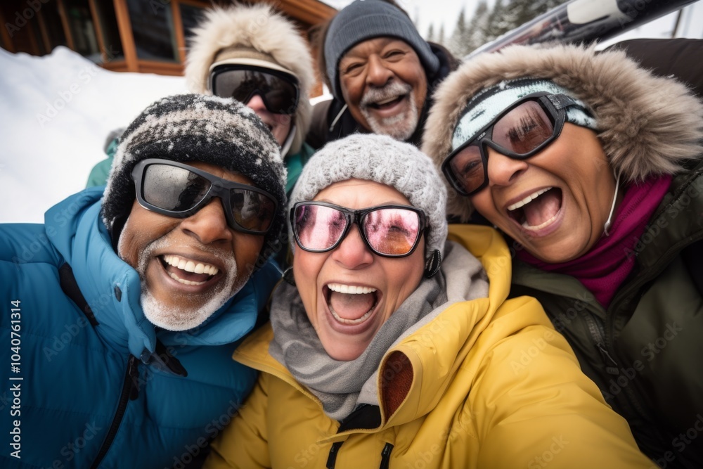 Group portrait of senior friends enjoying a day skiing in the mountains Group portrait of senior friends enjoying a day skiing in the mountains