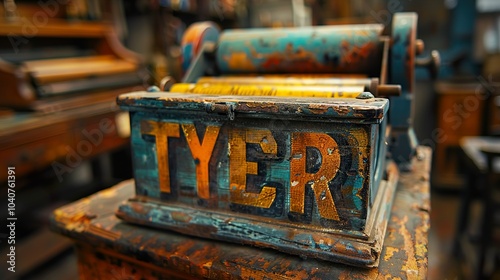 Vintage Printing Press with Worn Paint and 'TYER' Label photo