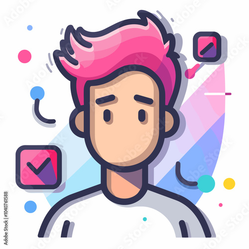 Young man with pink hair and blue eyes. Flat style vector illustration.