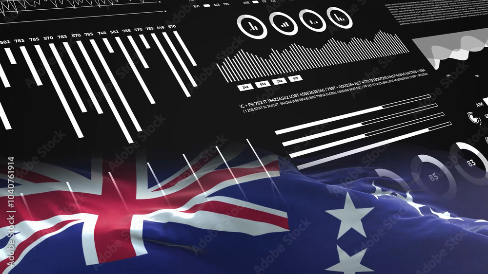 Cook Islands flag - Waving flag on report analytics data statement Cook Islands flag - Waving flag on report analytics data statement