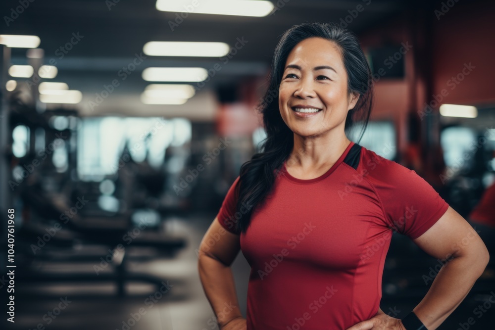 Smiling portrait of a slightly overweight middle aged woman in gym Smiling portrait of a slightly overweight middle aged woman in gym