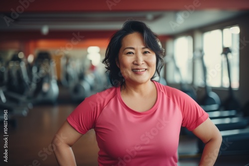 Smiling portrait of a slightly overweight middle aged woman in gym