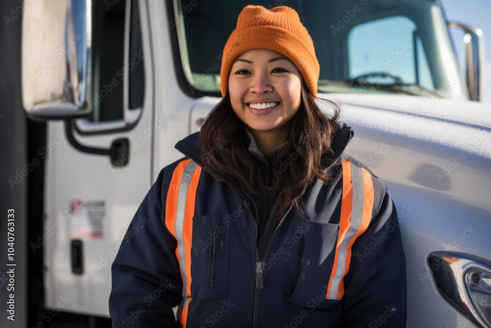 Portrait of a female truck driver in front of a truck while snowing