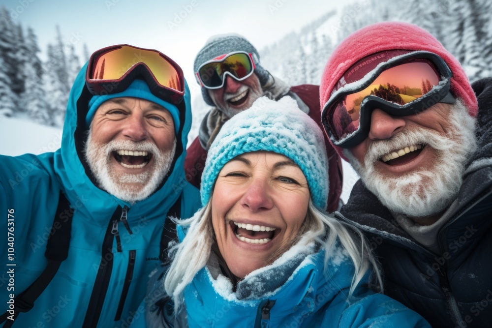 Group portrait of senior friends enjoying a day skiing in the mountains Group portrait of senior friends enjoying a day skiing in the mountains