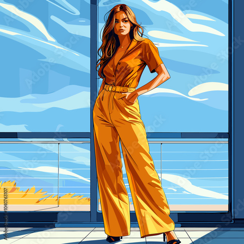 A woman in a yellow dress and pants is standing in front of a window. The image has a bright and cheerful mood, with the woman's outfit and the sunny background creating a sense of warmth