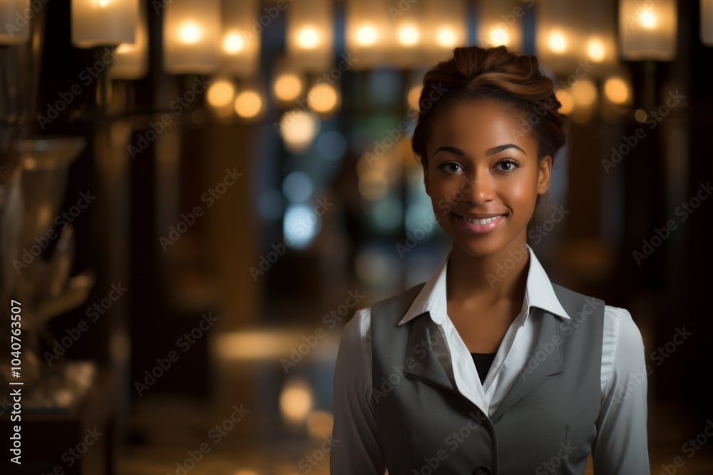 Portrait of a smiling young female African American hotel receptionist Portrait of a smiling young female African American hotel receptionist