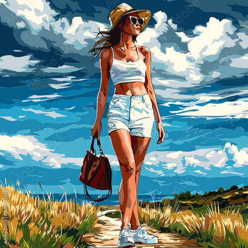 A woman is walking on a path with a brown purse. The sky is cloudy and the grass is tall