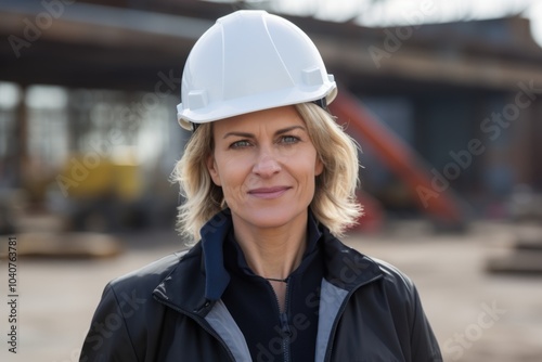 Smiling portrait of a middle aged businesswoman on construction site