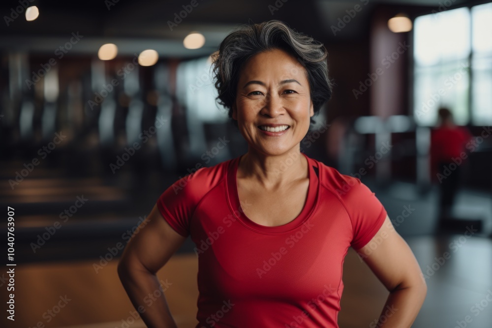 Smiling portrait of a slightly overweight middle aged woman in gym Smiling portrait of a slightly overweight middle aged woman in gym