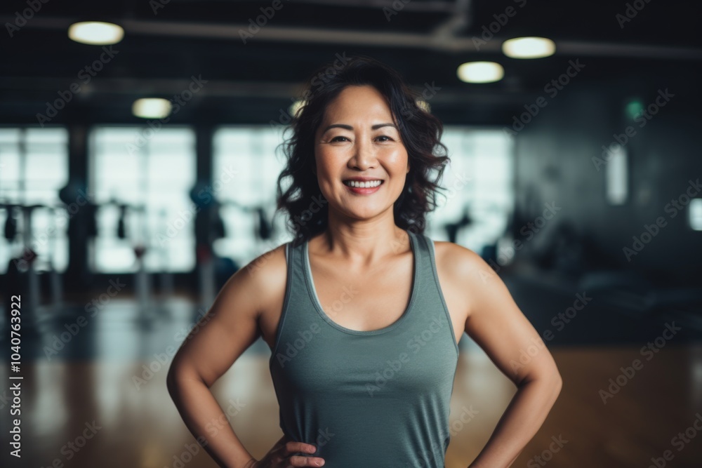 Smiling portrait of a slightly overweight middle aged woman in gym Smiling portrait of a slightly overweight middle aged woman in gym