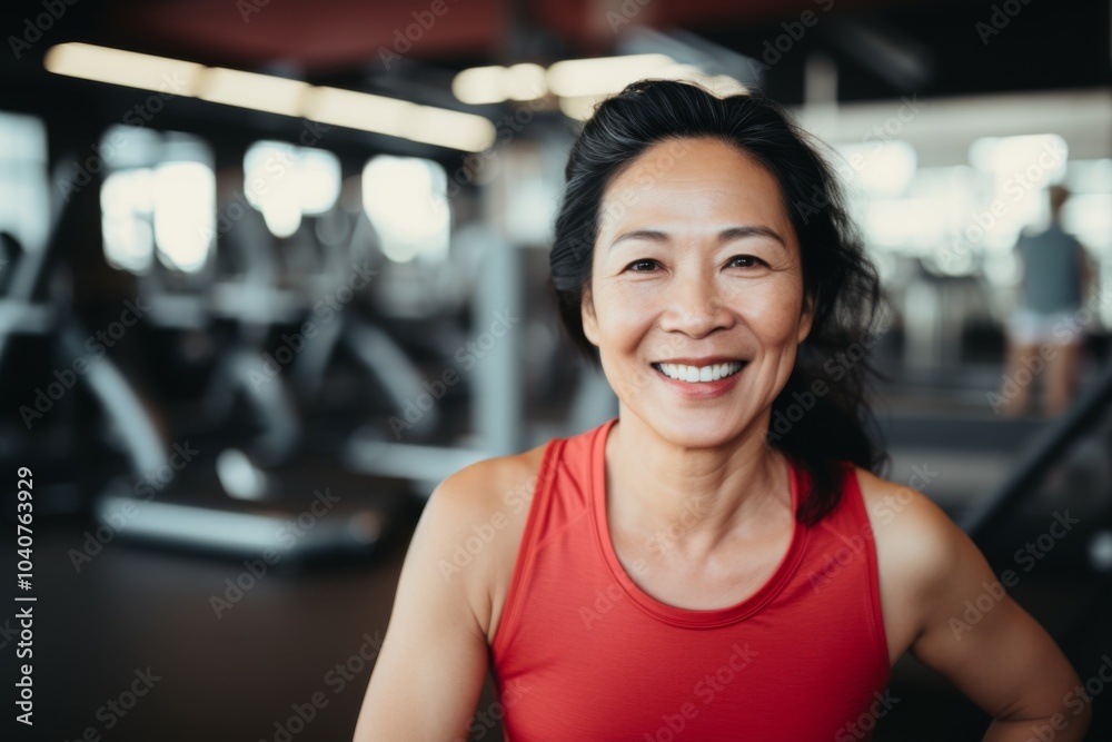 Smiling portrait of a slightly overweight middle aged woman in gym Smiling portrait of a slightly overweight middle aged woman in gym