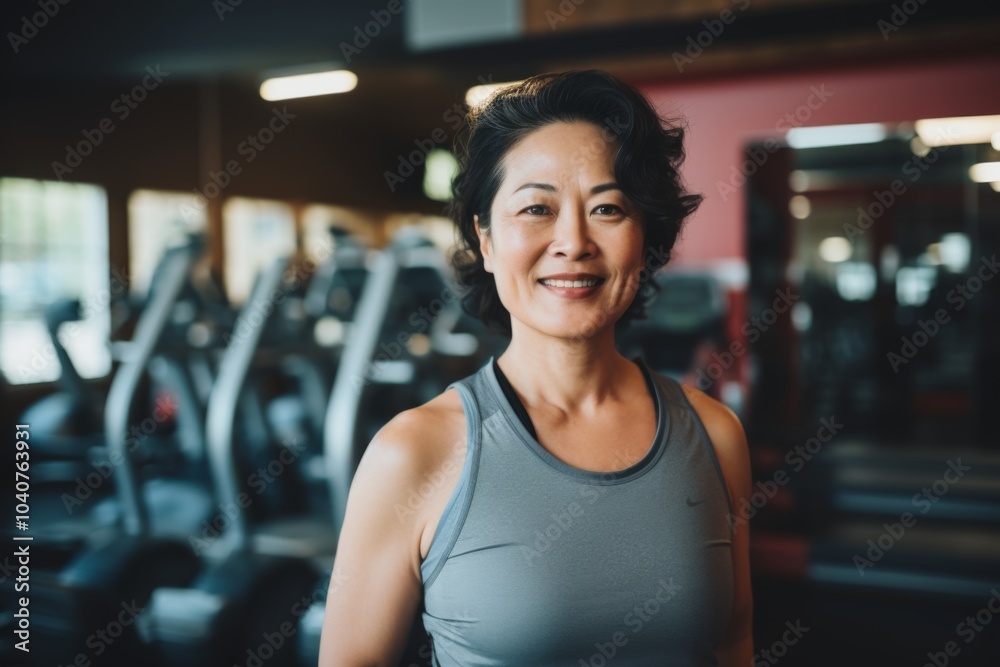 Smiling portrait of a slightly overweight middle aged woman in gym Smiling portrait of a slightly overweight middle aged woman in gym