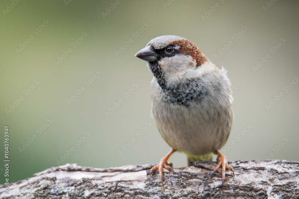 Naklejka premium Close up of Common house sparrow perched on a branch