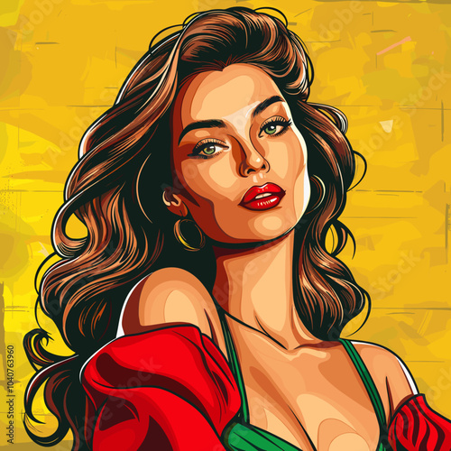A woman with long brown hair and a red dress is posing for a painting. The painting is done in a bright yellow color, which gives the image a lively and energetic mood