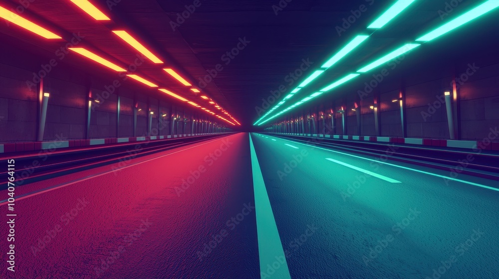 A futuristic tunnel with vibrant red and blue lights illuminating each side, showcasing a sleek, modern design and a sense of motion. A futuristic tunnel with vibrant red and blue lights illuminating each side, showcasing a sleek, modern design and a sense of motion.