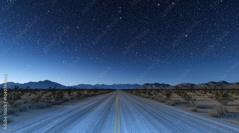 Fototapeta premium A vast gravel road stretches into a starry night sky, framed by distant mountains and desert terrain, creating a serene and expansive atmosphere.