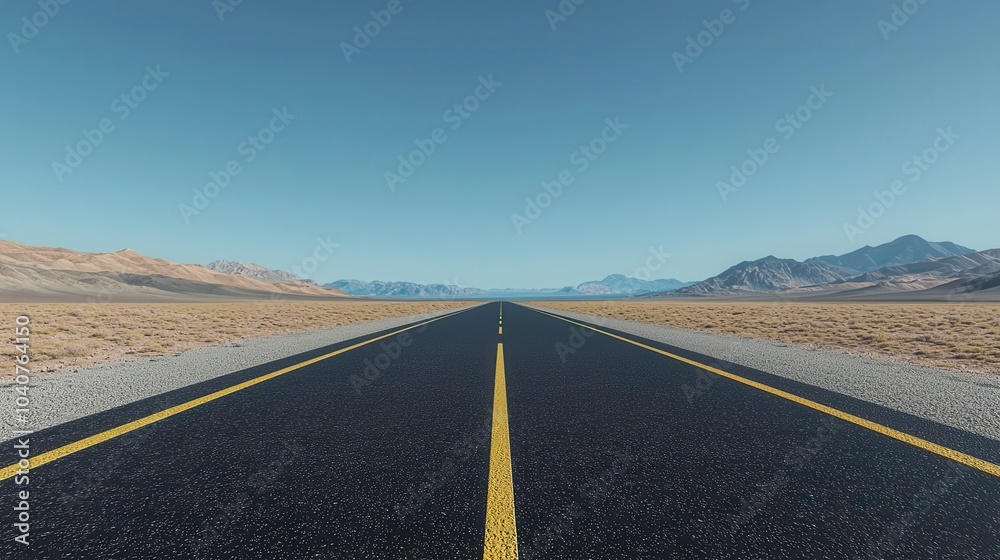 Fototapeta premium A vast, empty road stretches toward distant mountains under a clear blue sky, evoking a sense of freedom and adventure.