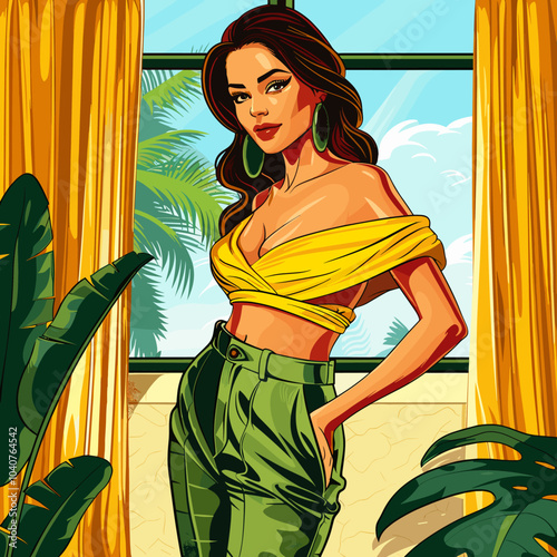 A woman in a yellow top and green pants is standing in front of a window. The image has a tropical vibe, with palm trees visible in the background. The woman's pose and outfit suggest a confident