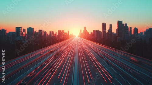 A vibrant cityscape at sunset, showcasing a bustling highway with light trails and towering skyscrapers silhouetted against a colorful sky.