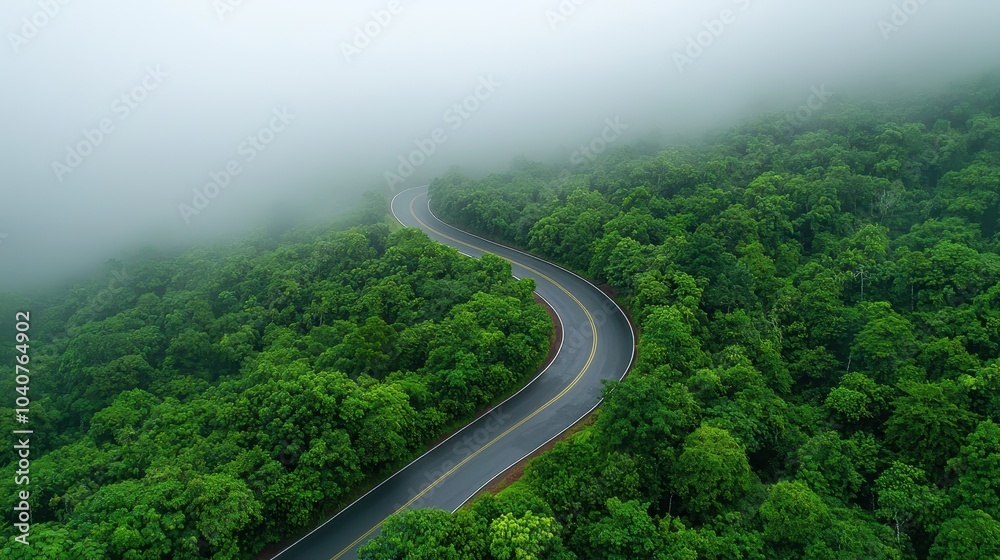 A winding road cuts through dense green forest, partially shrouded in fog, creating a serene and enchanting landscape. A winding road cuts through dense green forest, partially shrouded in fog, creating a serene and enchanting landscape.