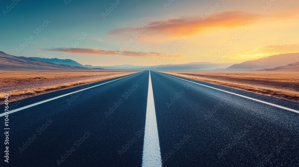 Naklejka premium A breathtaking landscape showcasing a long, straight road stretching into the horizon under a colorful sunset sky.