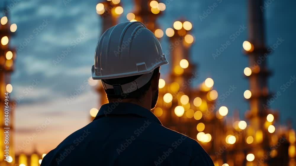 Industrial Worker Looking at Lights of Refinery at Night. Industrial Worker Looking at Lights of Refinery at Night.