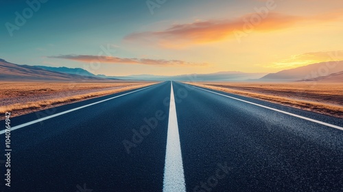 A breathtaking landscape showcasing a long, straight road stretching into the horizon under a colorful sunset sky.