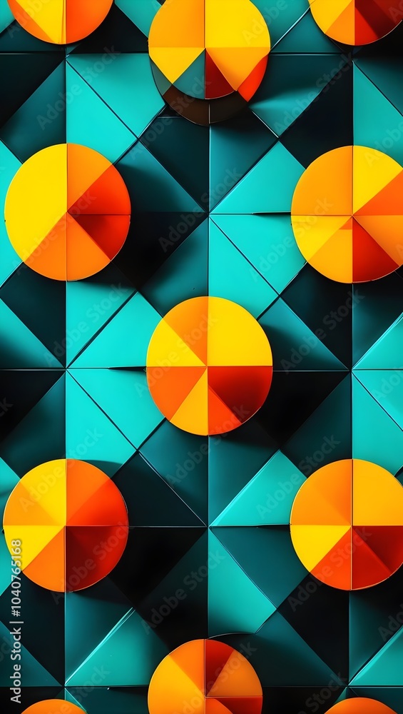 Fototapeta premium Colorful geometric patterns create a vibrant mural design featuring circles and triangles on a teal backdrop. Generative AI
