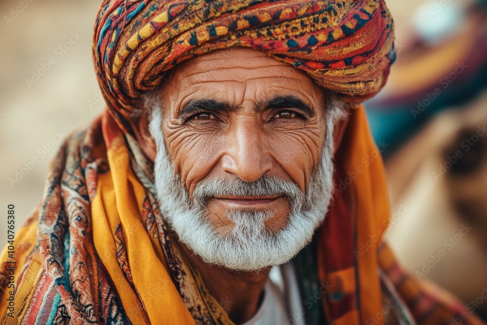 Obraz premium Portrait of an elderly Arabic nomad in a colorful turban against a desert background with a camel nearby
