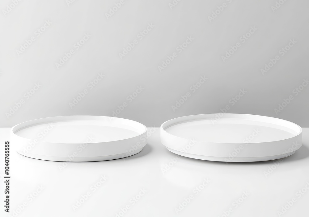 Two simple white plates on a minimalistic surface against a light background. Two simple white plates on a minimalistic surface against a light background.