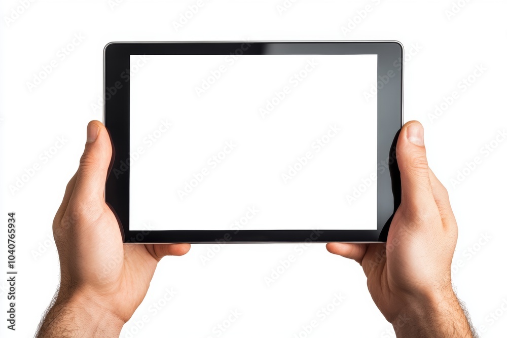 Male hands hold a blank tablet screen in a bright setting ready for creative or professional use during the day Male hands hold a blank tablet screen in a bright setting ready for creative or professional use during the day