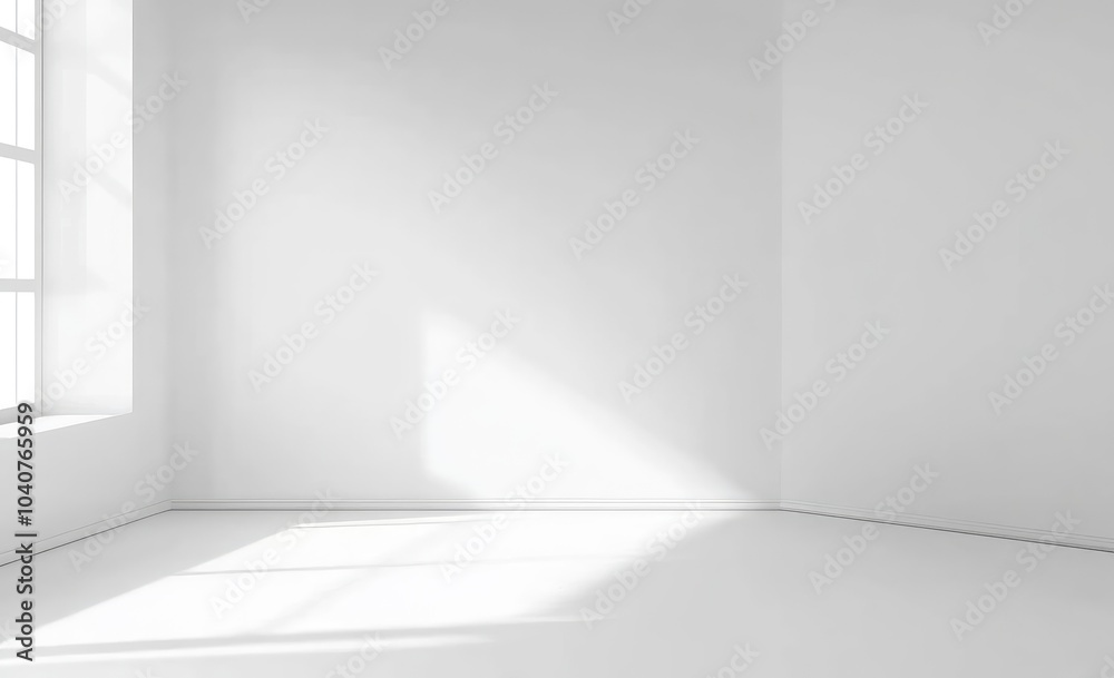 Fototapeta premium A minimalistic, bright room with a window casting light on the white walls and floor.