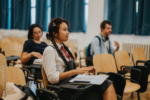 A group of university students engage in a discussion with a professor between classes, fostering an interactive learning environment. They sit attentively in a spacious classroom.