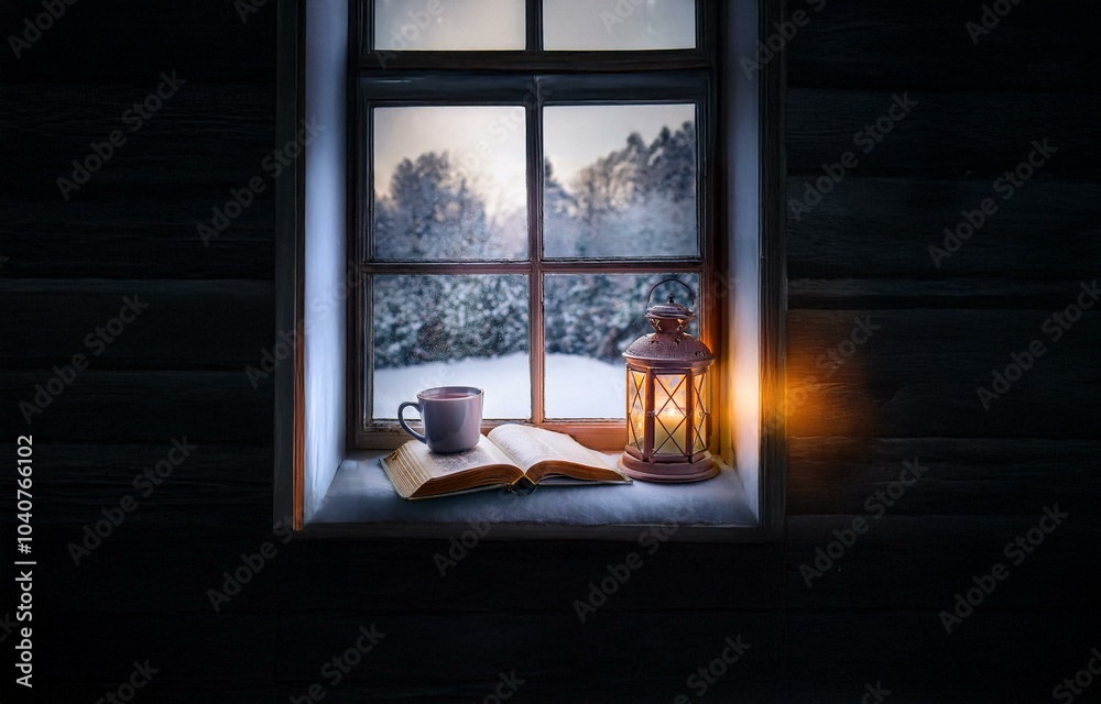 A window view of a snowy landscape with a book, cup, and lit lantern on the sill. A window view of a snowy landscape with a book, cup, and lit lantern on the sill.