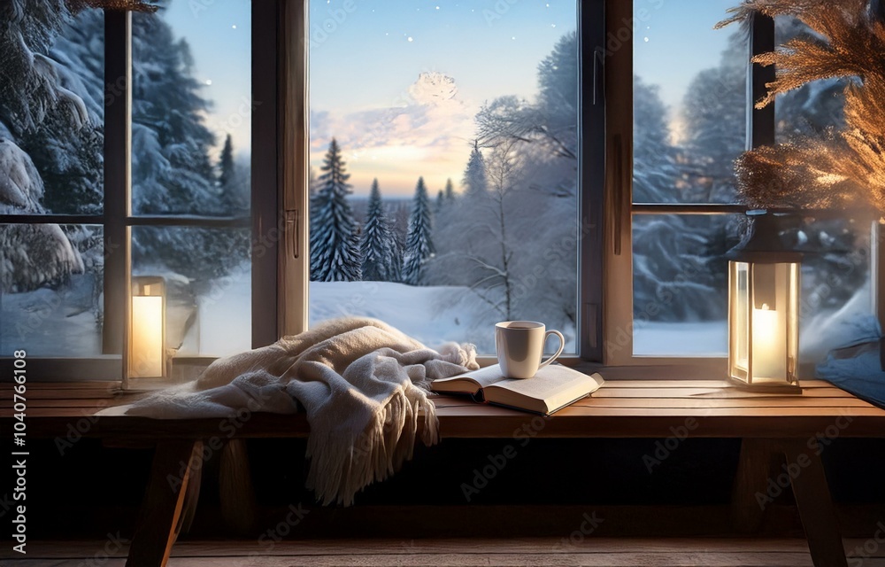 Cozy winter scene with a window view of a snow-covered forest, a warm blanket, a cup of coffee, a book, and candles on a wooden bench. Cozy winter scene with a window view of a snow-covered forest, a warm blanket, a cup of coffee, a book, and candles on a wooden bench.