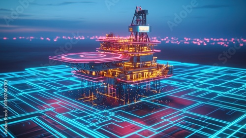 High-tech oil rig on neon digital terrain, blending futuristic design with vast emptiness, creating a sleek contrast. 